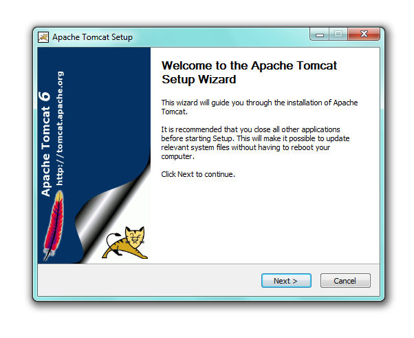 Double-click on the "apache-tomcat-6.0.nn.exe" file you have downloaded to commence installation; click Next;