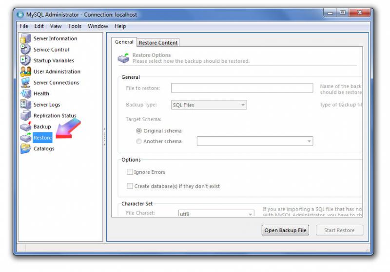 open mysql and select restore